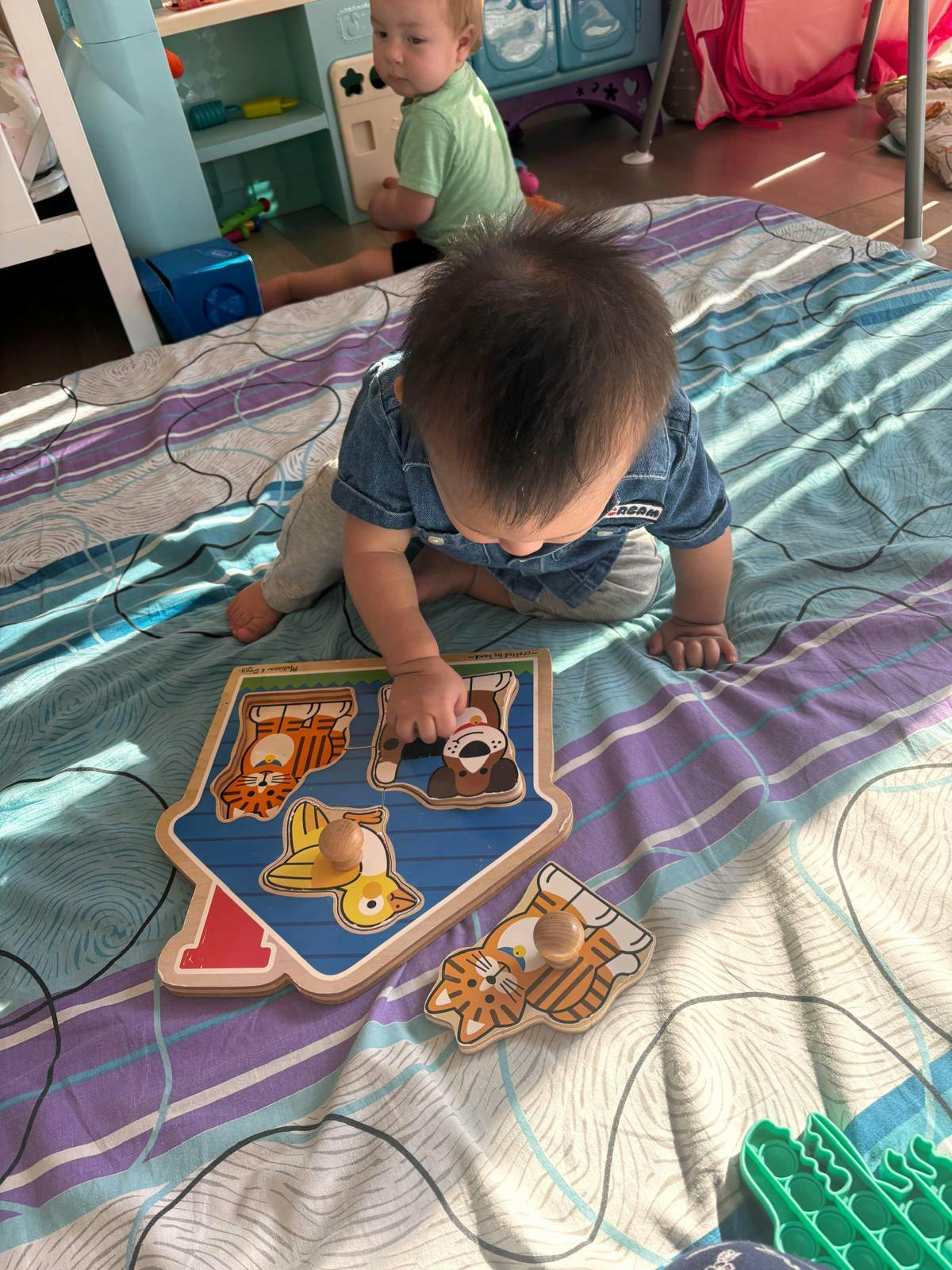 Child playing with a wooden animal shape sorter puzzle