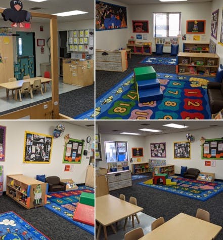Four images of a colorful empty classroom with small tables and chairs