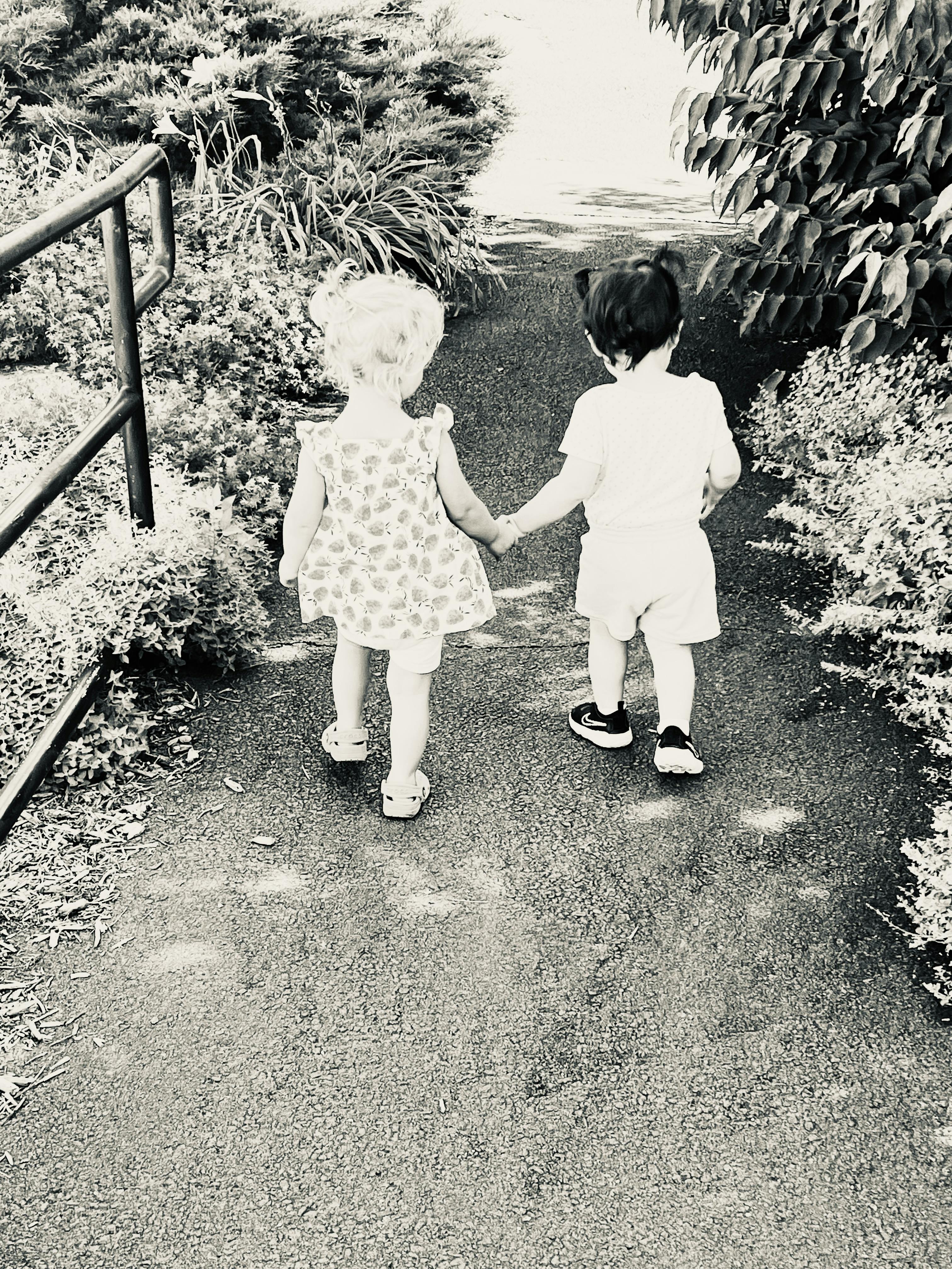 Two children holding hands and walking away on a path