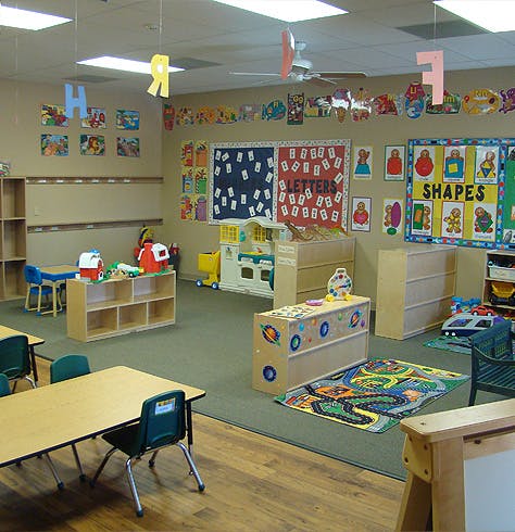 Empty classroom with tables, chairs, and educational posters on the walls