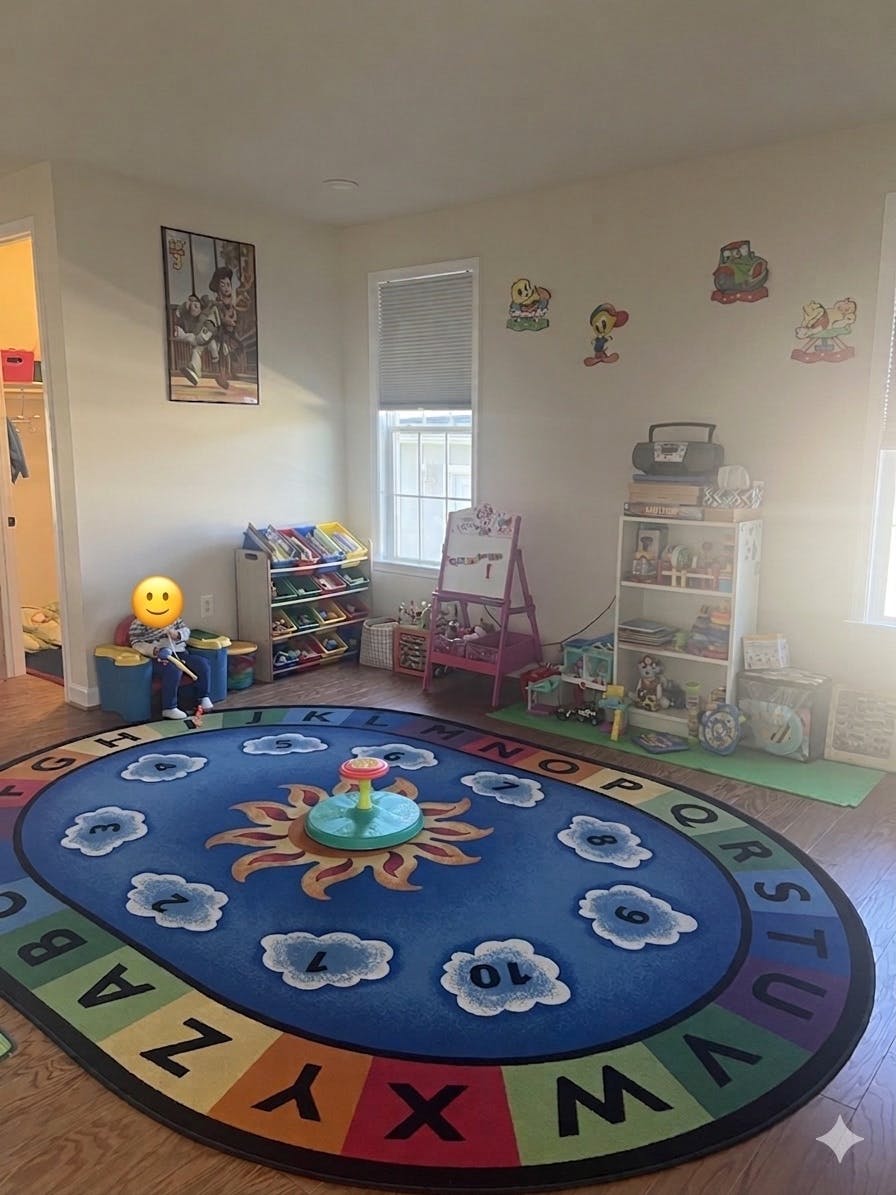 Child sitting on a blue drum in a playroom