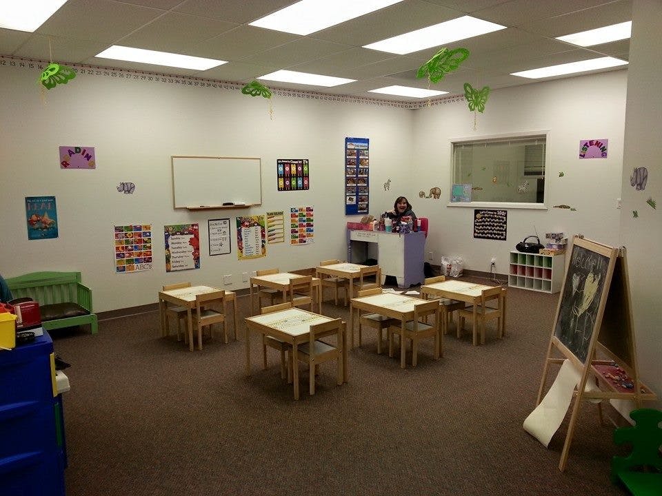 Classroom with small tables and chairs, a whiteboard, and a person at a desk