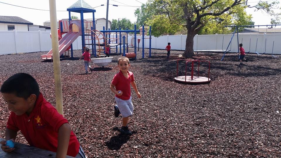 Children playing on a wood chip playground