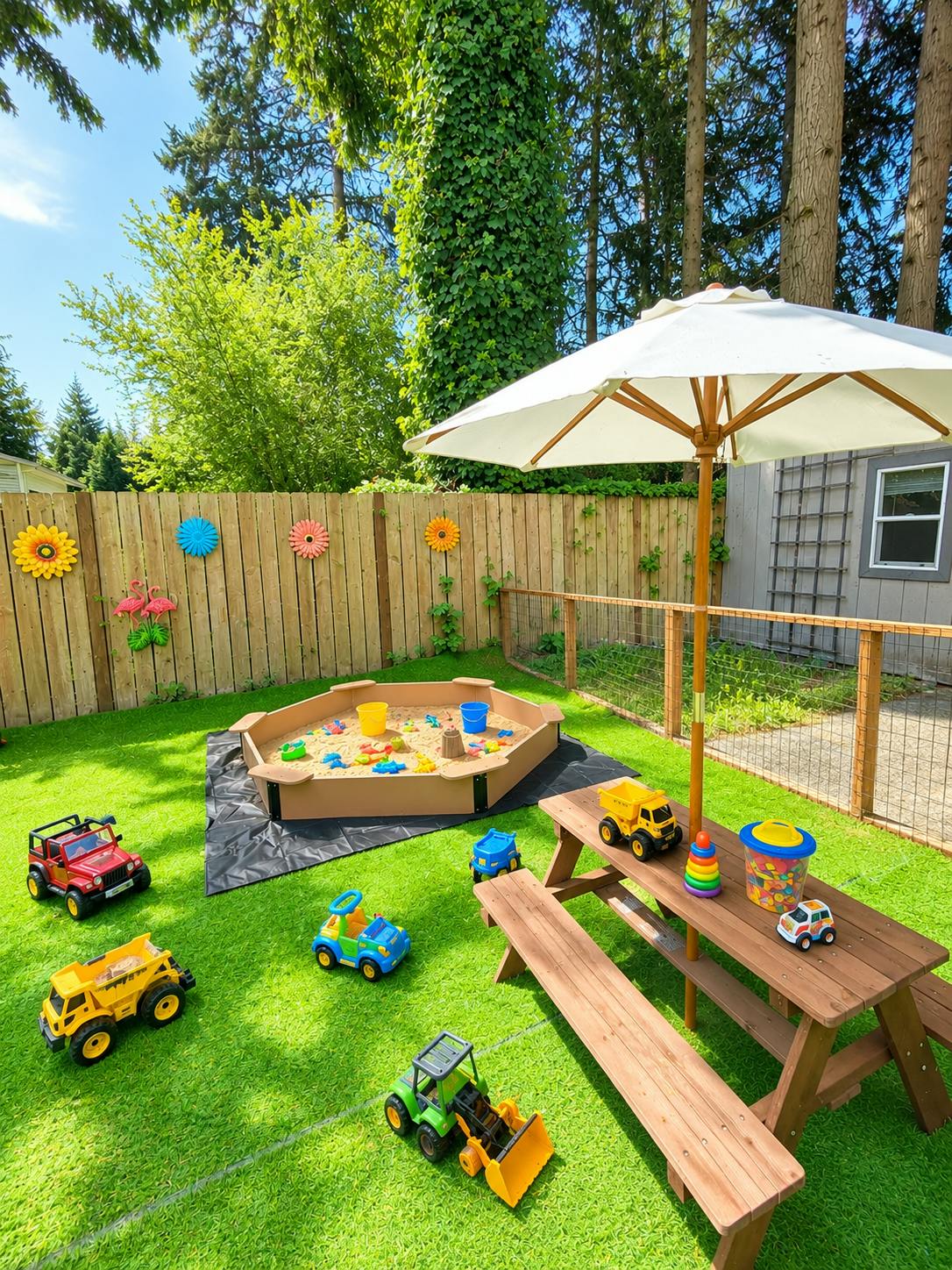 Sandbox with various toys on artificial grass