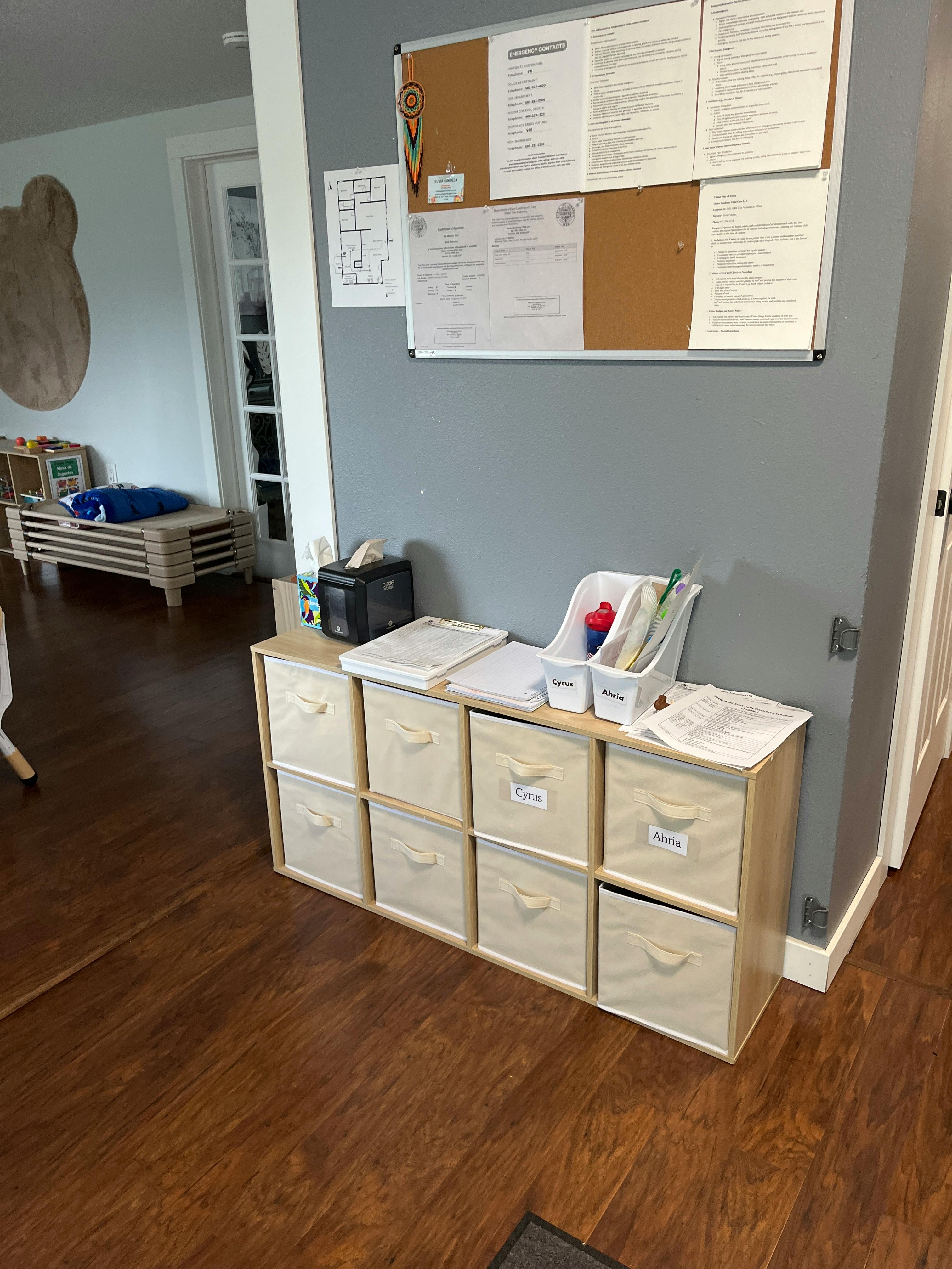 Storage unit with fabric bins and a bulletin board with papers