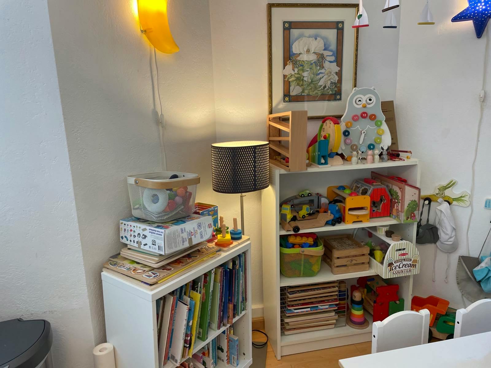 Bookshelves filled with books and toys in a room