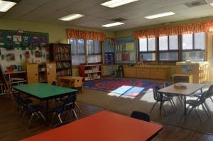 Classroom with small tables and chairs