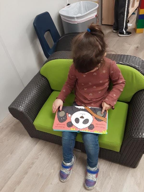 Child sitting on a green couch, looking at a book with a panda on the cover