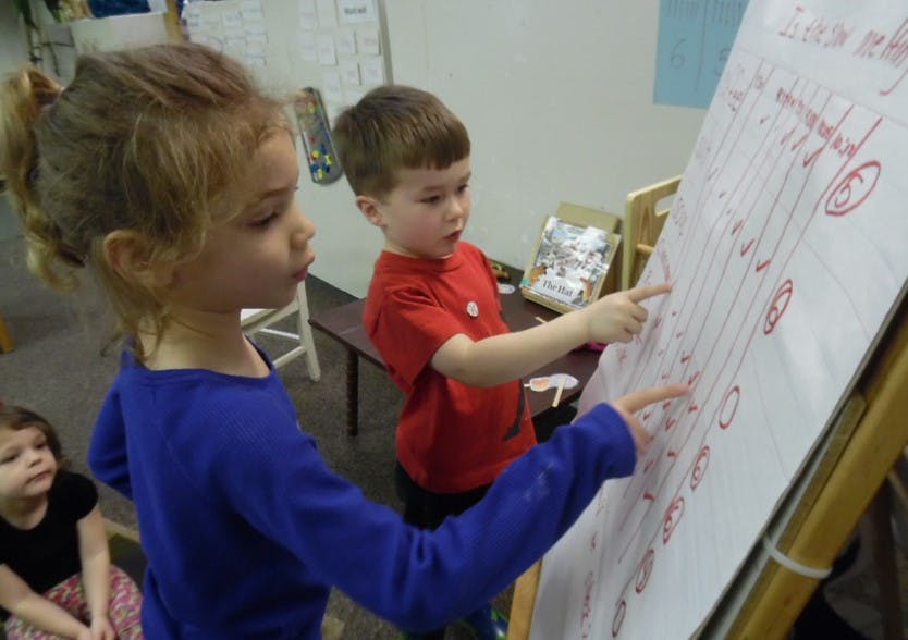 Two children pointing at a whiteboard with red markings
