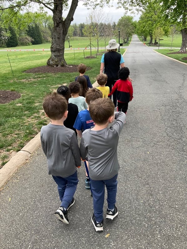 Adult and group of children walking on a paved path