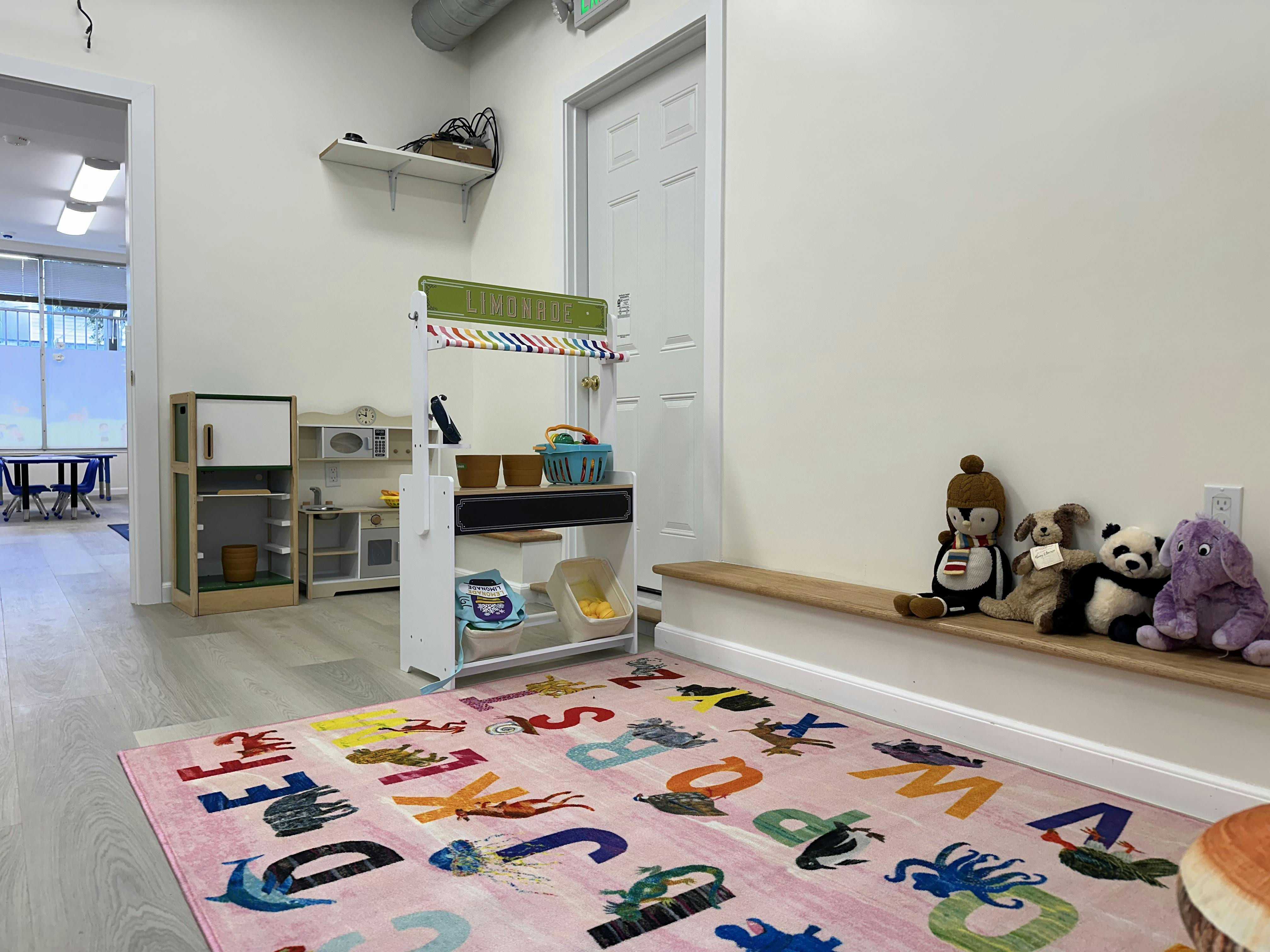 Playroom with alphabet rug, toy kitchen, and stuffed animals on a shelf