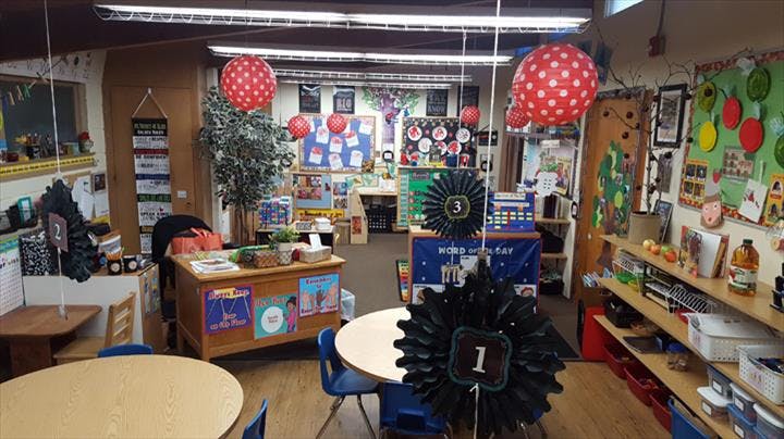 Classroom with tables, chairs, and decorations