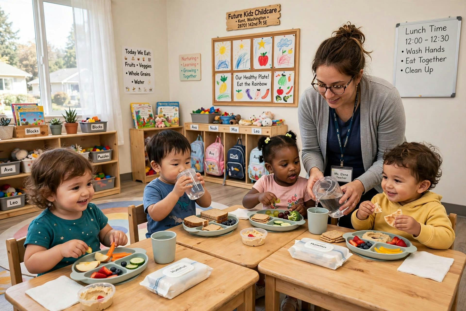 Teacher pouring water for children eating lunch at a childcare center