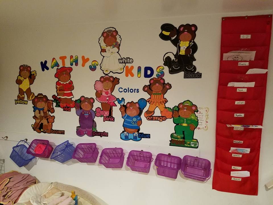 Wall decorated with cartoon bears and the words "Kathy's Kids Colors"
