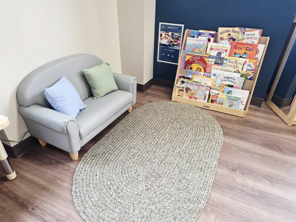 small sofa with pillows, oval rug, and a bookshelf with children's books