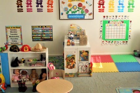 Playroom with toys, shelves, and colorful mats