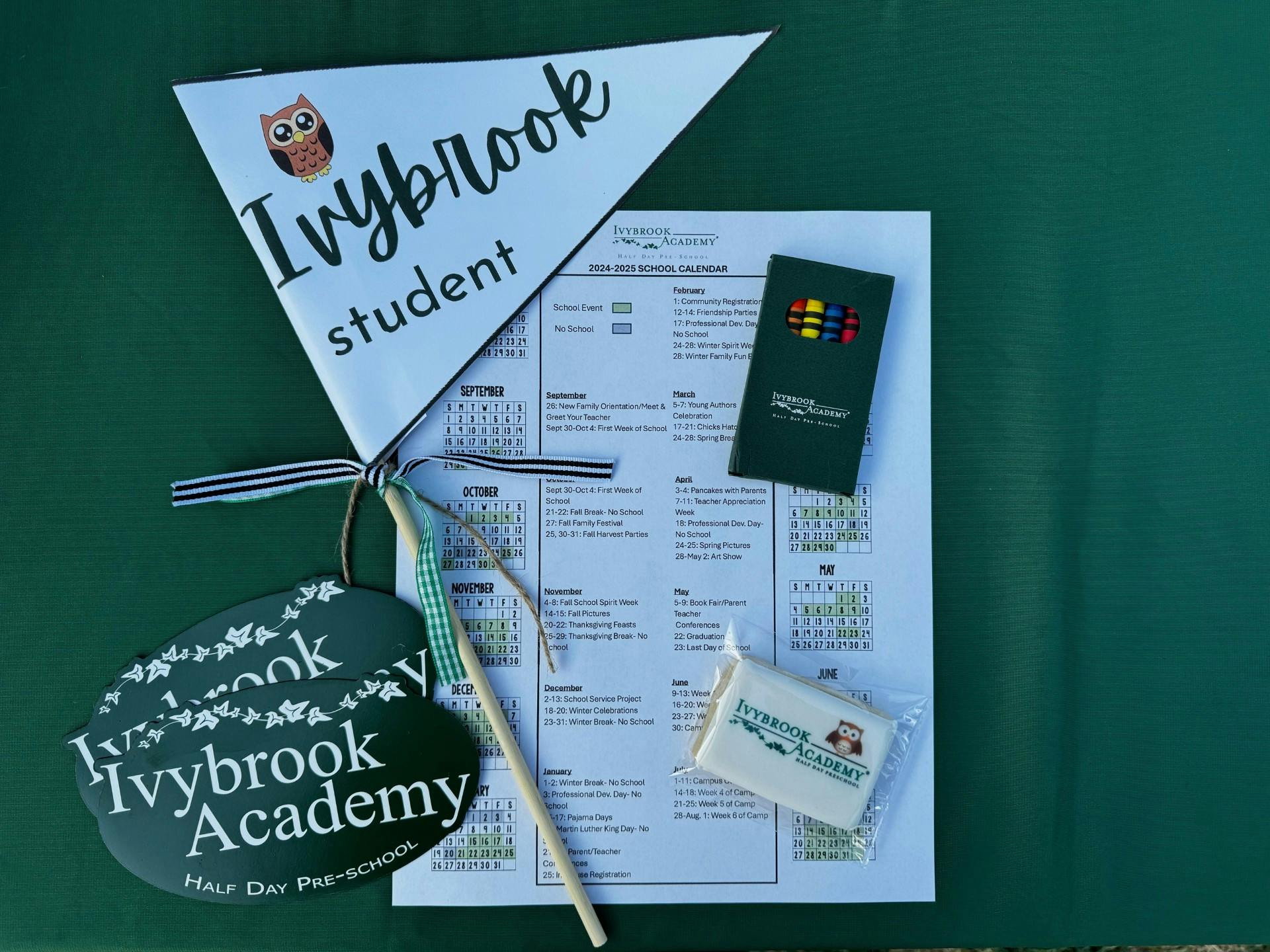 Ivybrook student pennant, Ivybrook Academy sign, and other branded items