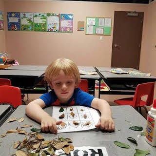 Child at a table with leaves and a paper with squares