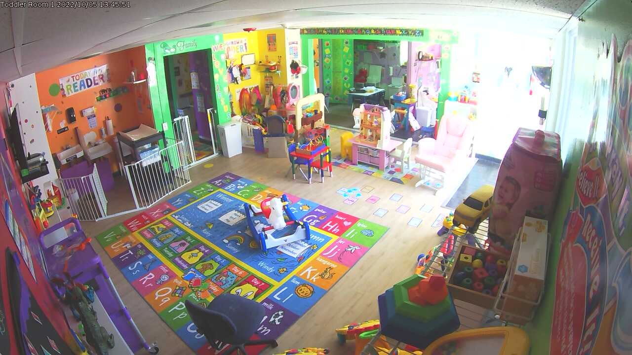 Playroom with colorful alphabet rug and various toys