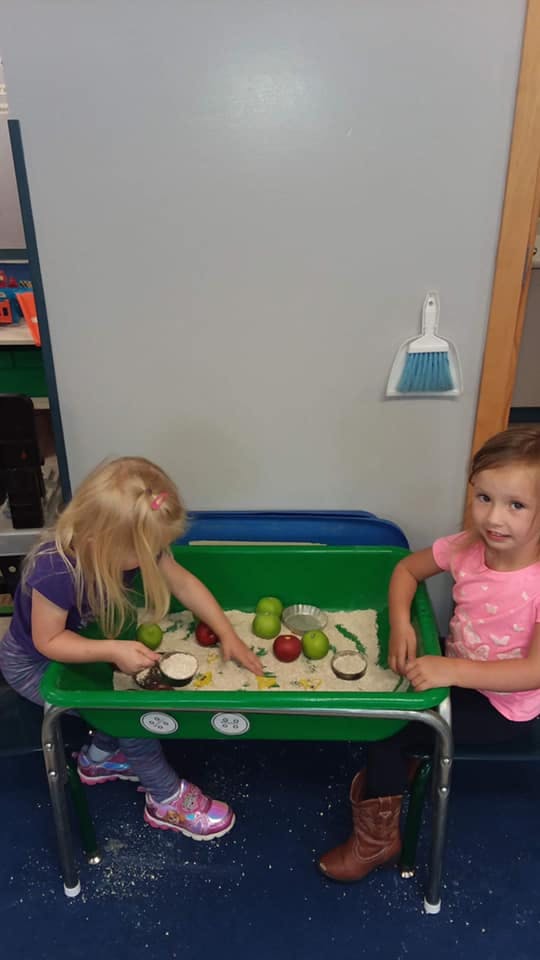 Two children playing at a sand table with toy fruit