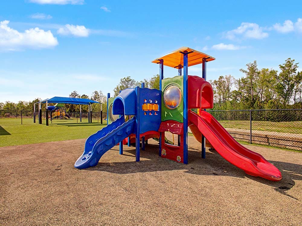Colorful playground with slides on a sunny day