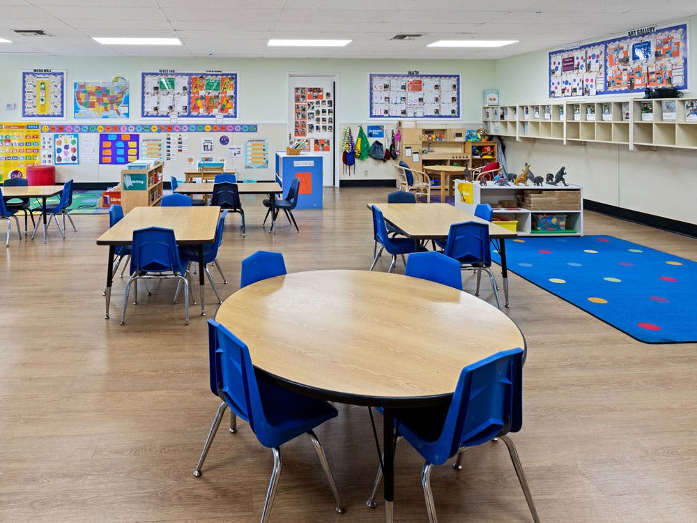 Empty classroom with tables and chairs