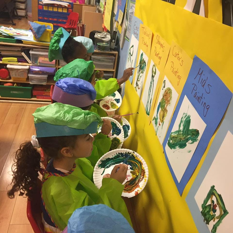 Children painting at an easel in a classroom