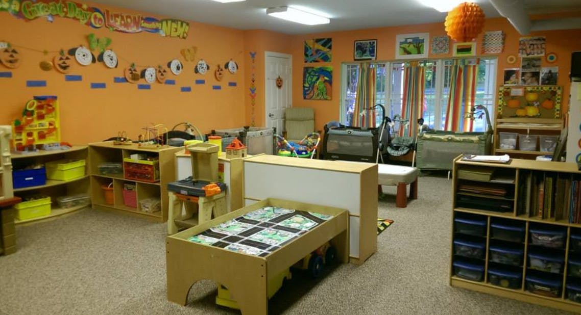 Empty classroom with orange walls and various learning stations