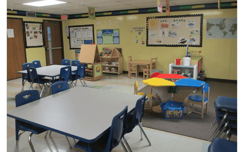 Empty classroom with tables, chairs, and learning materials