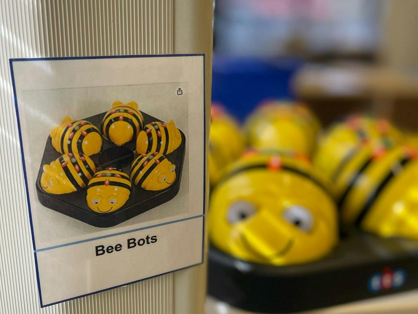 Sign with "Bee Bots" text and an image of bee-shaped robots
