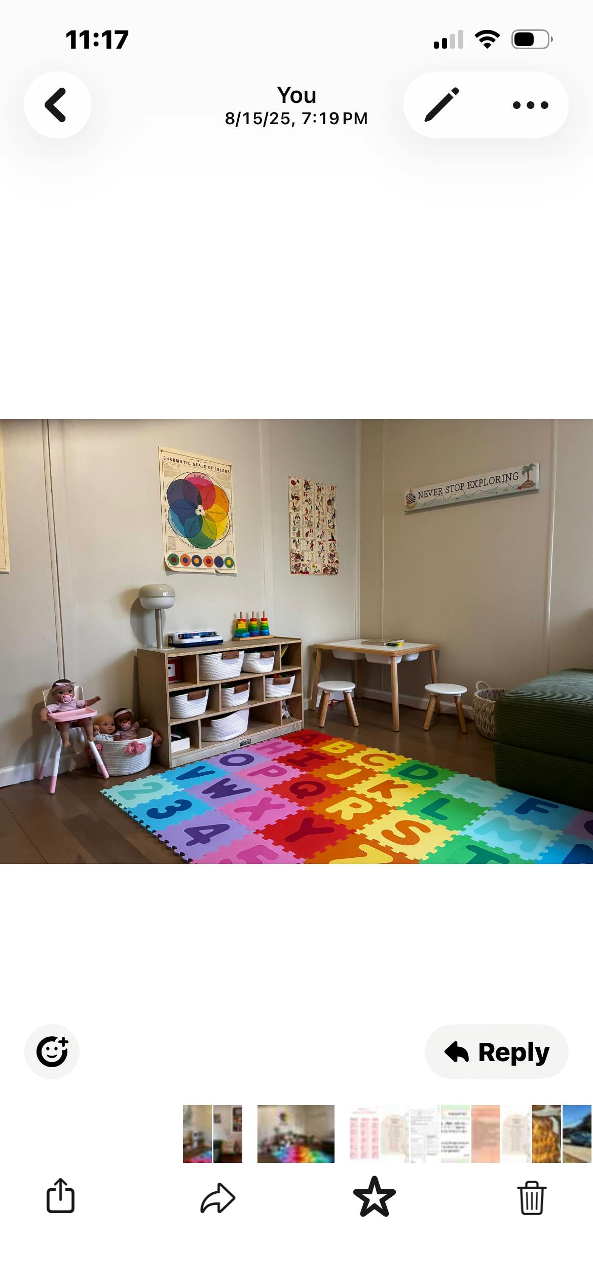 Children's playroom with a rainbow alphabet floor mat and learning tools