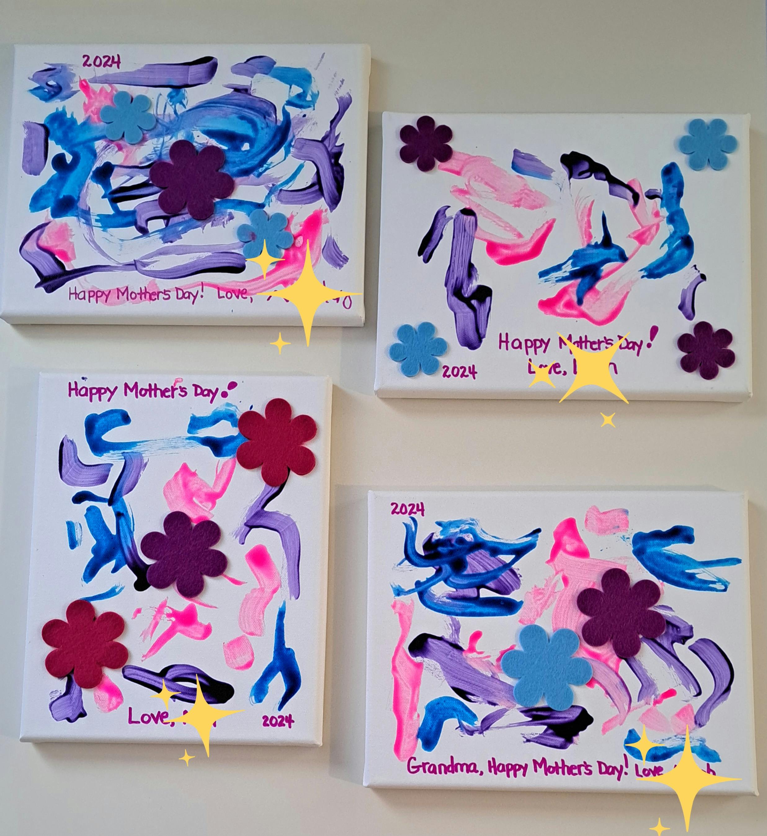 Four canvases with abstract paint and flower cutouts, text reads "Happy Mother's Day"
