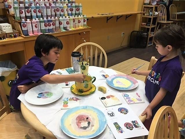 Two children painting ceramic plates and a teacup
