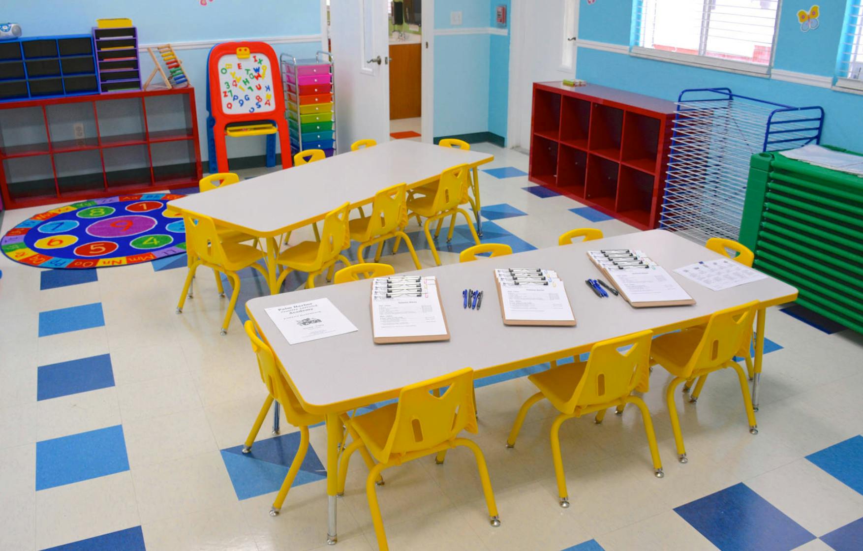 Classroom with two tables and chairs