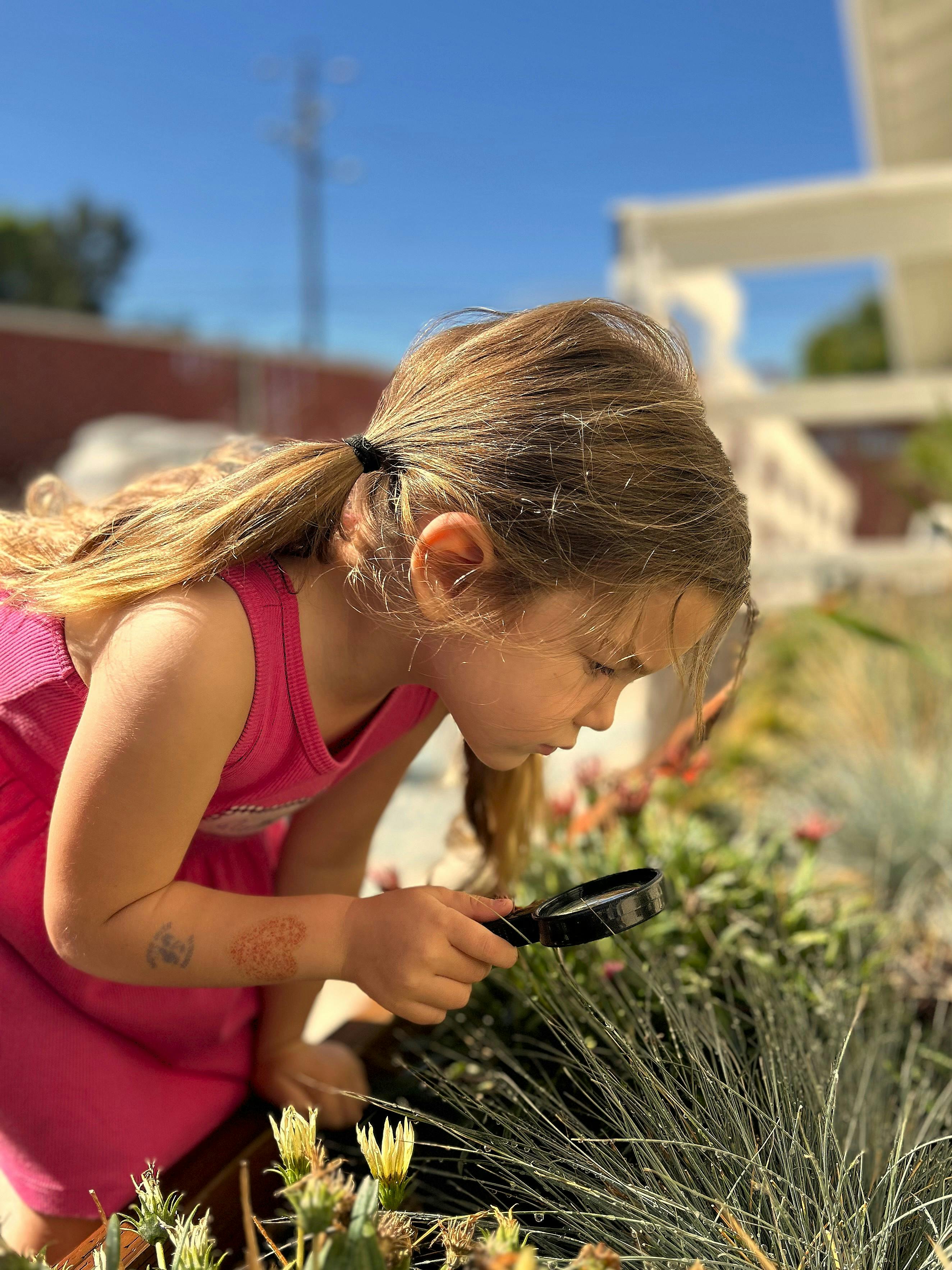 Child looking at plants through a magnifying glass