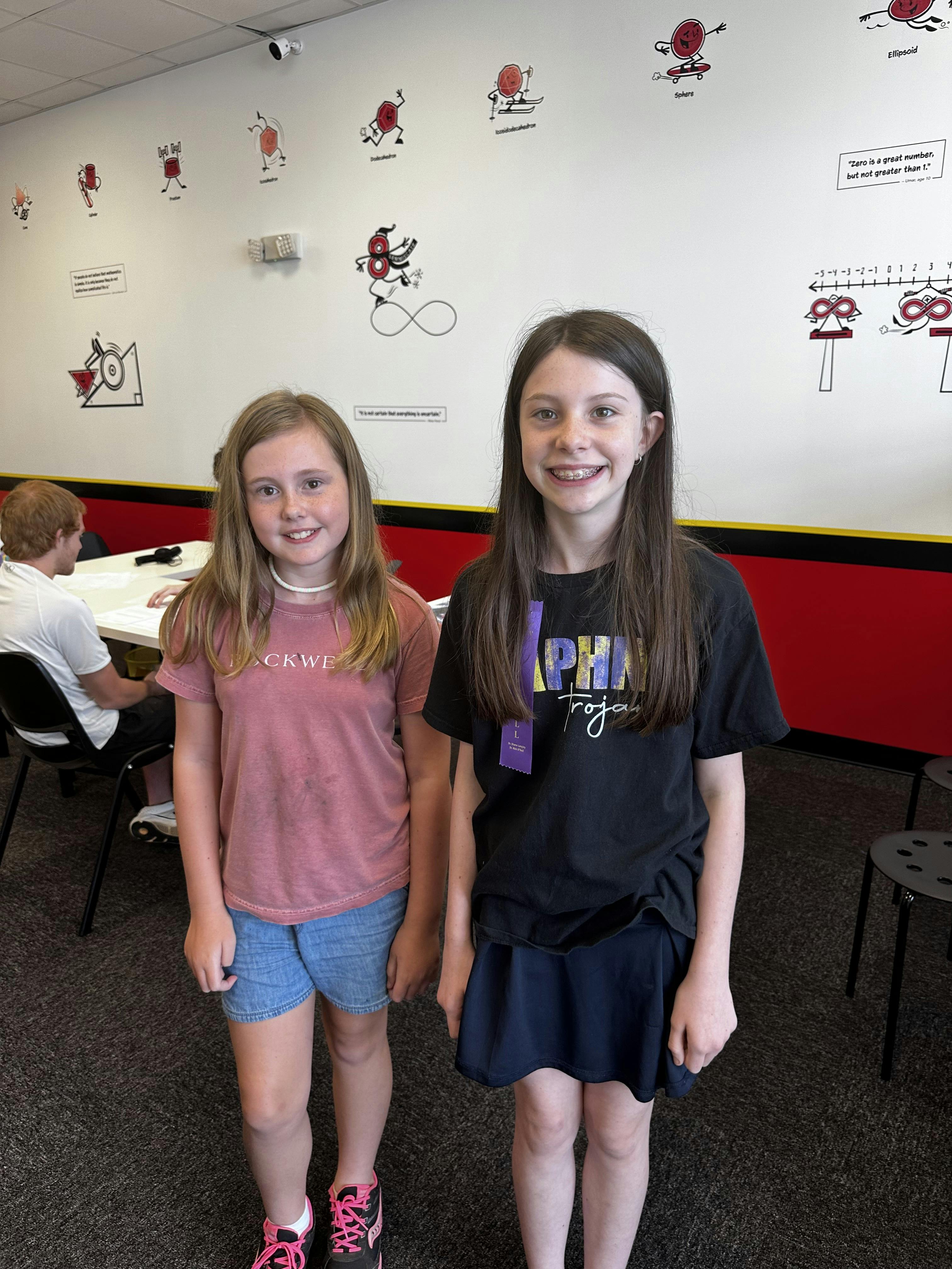 Two children standing in a room with wall decorations