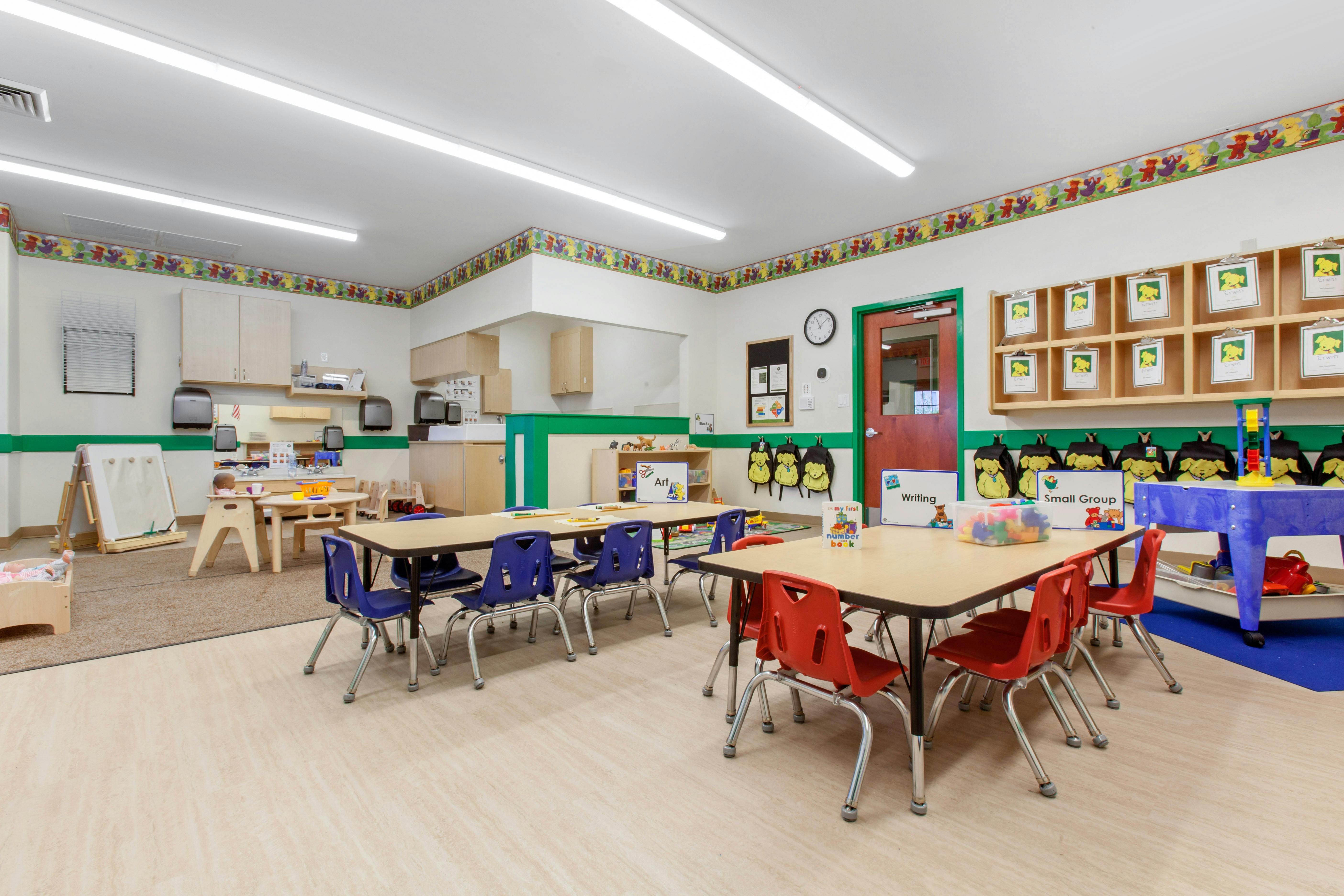Classroom with child-sized tables and chairs