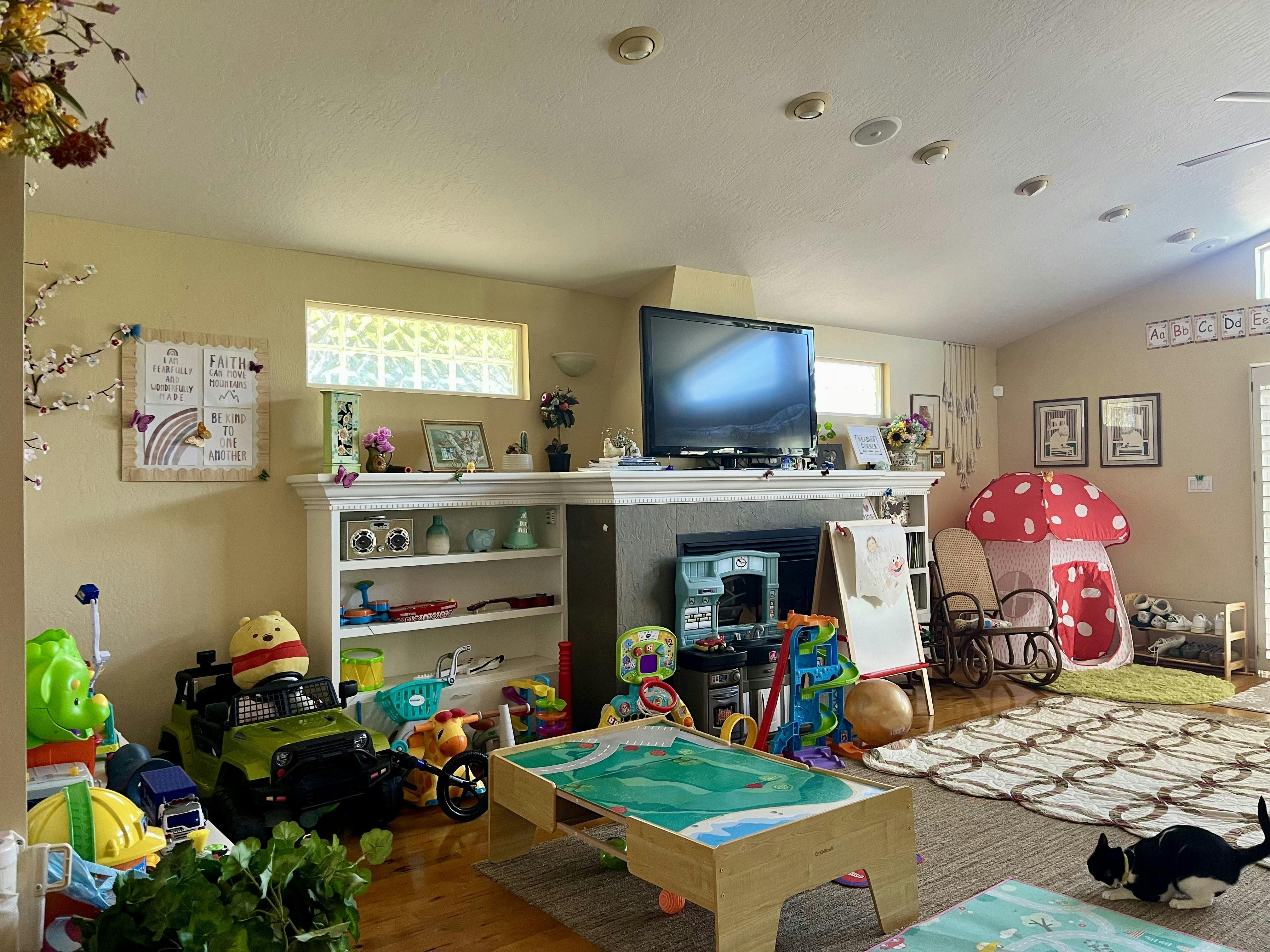 Living room with various toys, fireplace, television, and a black and white cat