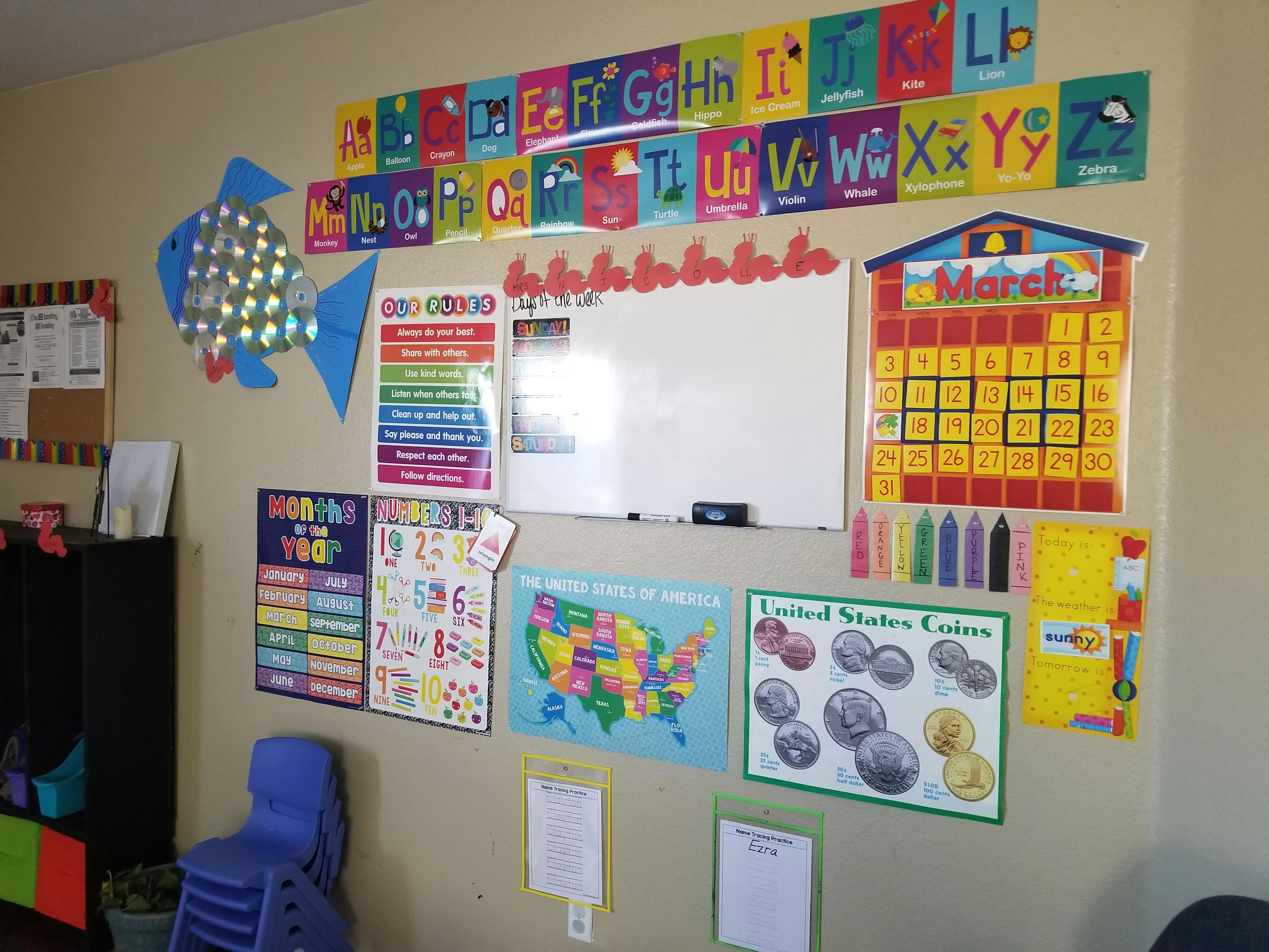 Classroom wall with alphabet, calendar, whiteboard, and educational posters