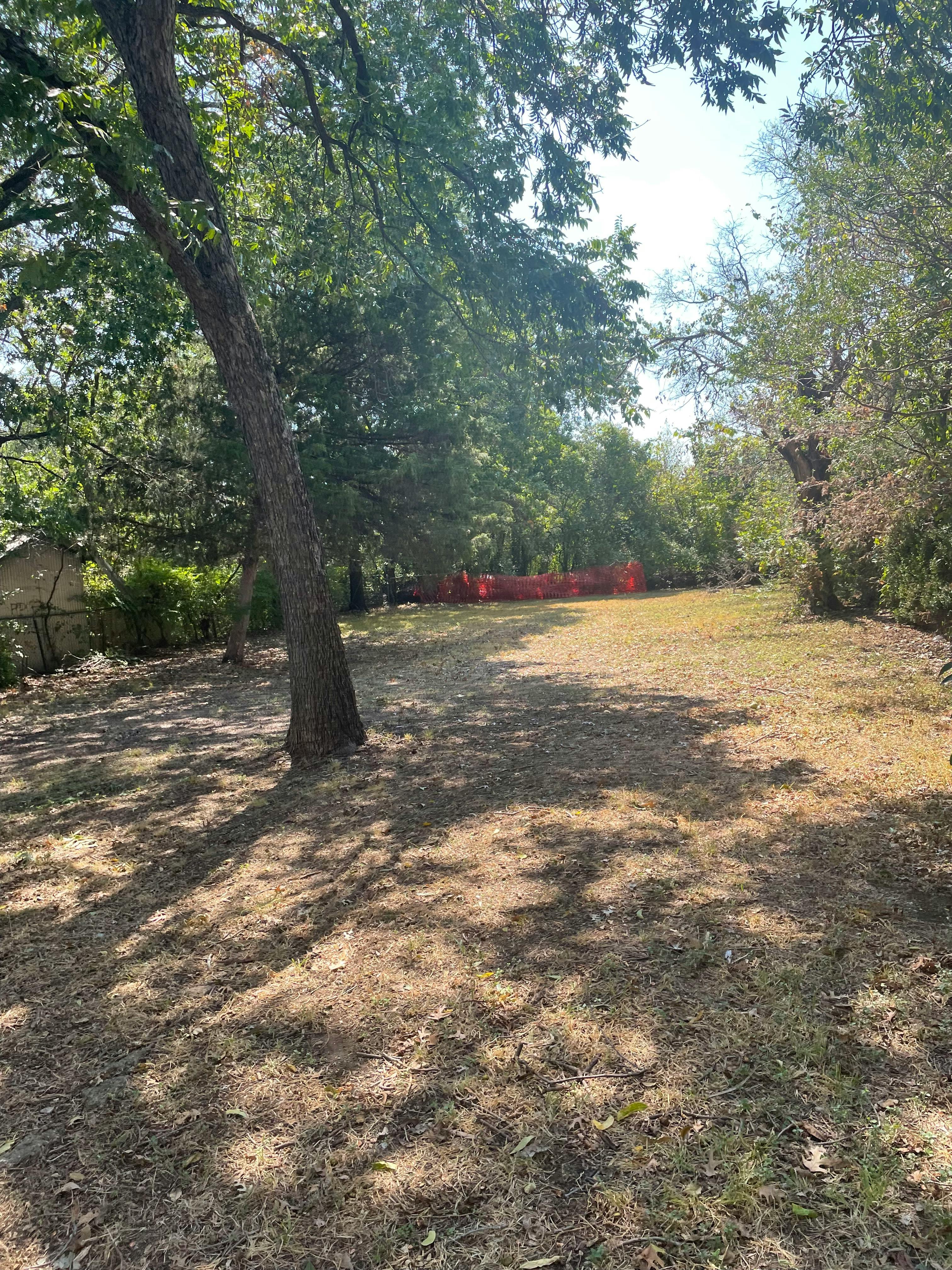 Grassy area with trees and a red barrier in the background