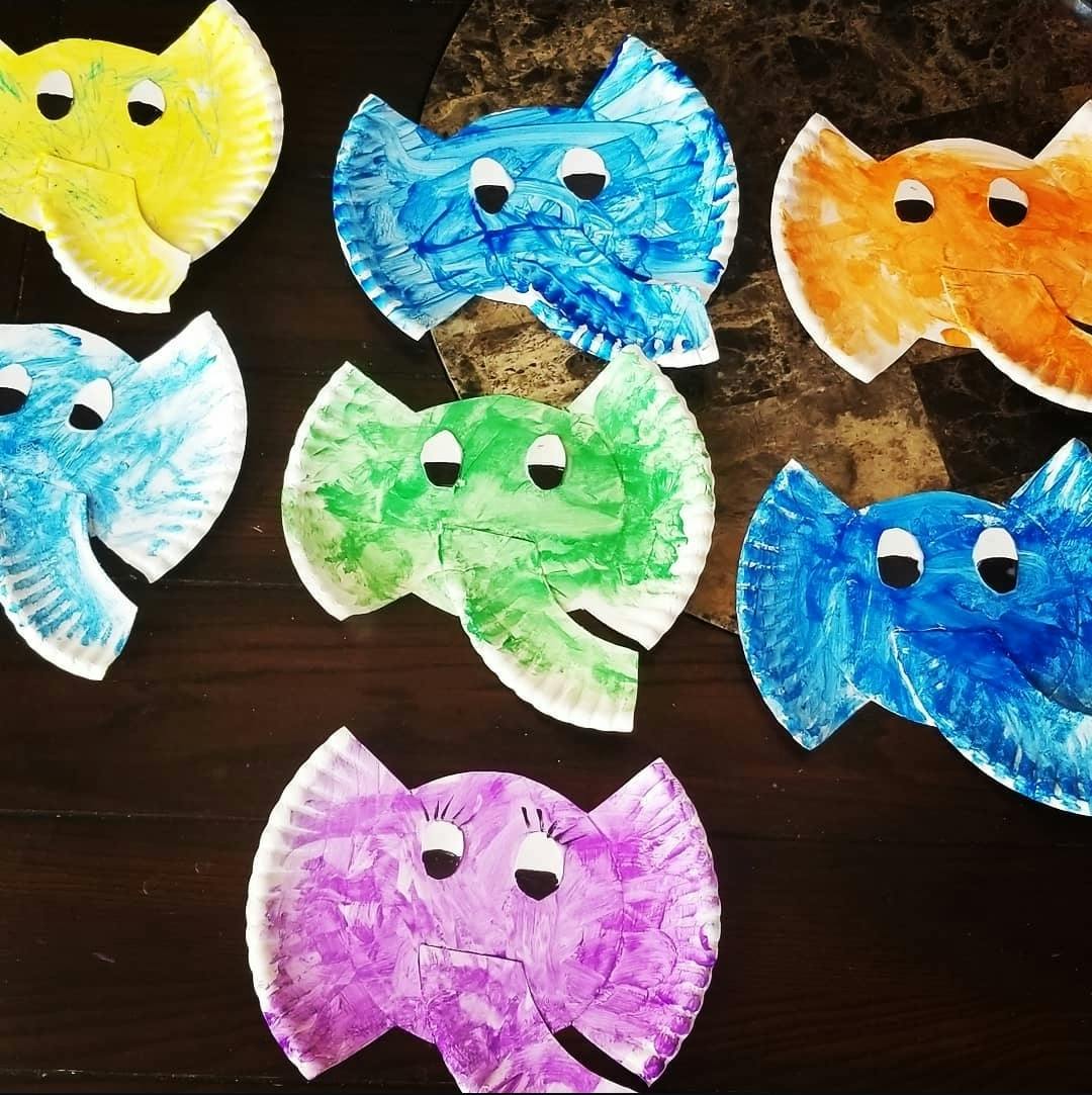 Group of colorful paper plate elephant crafts