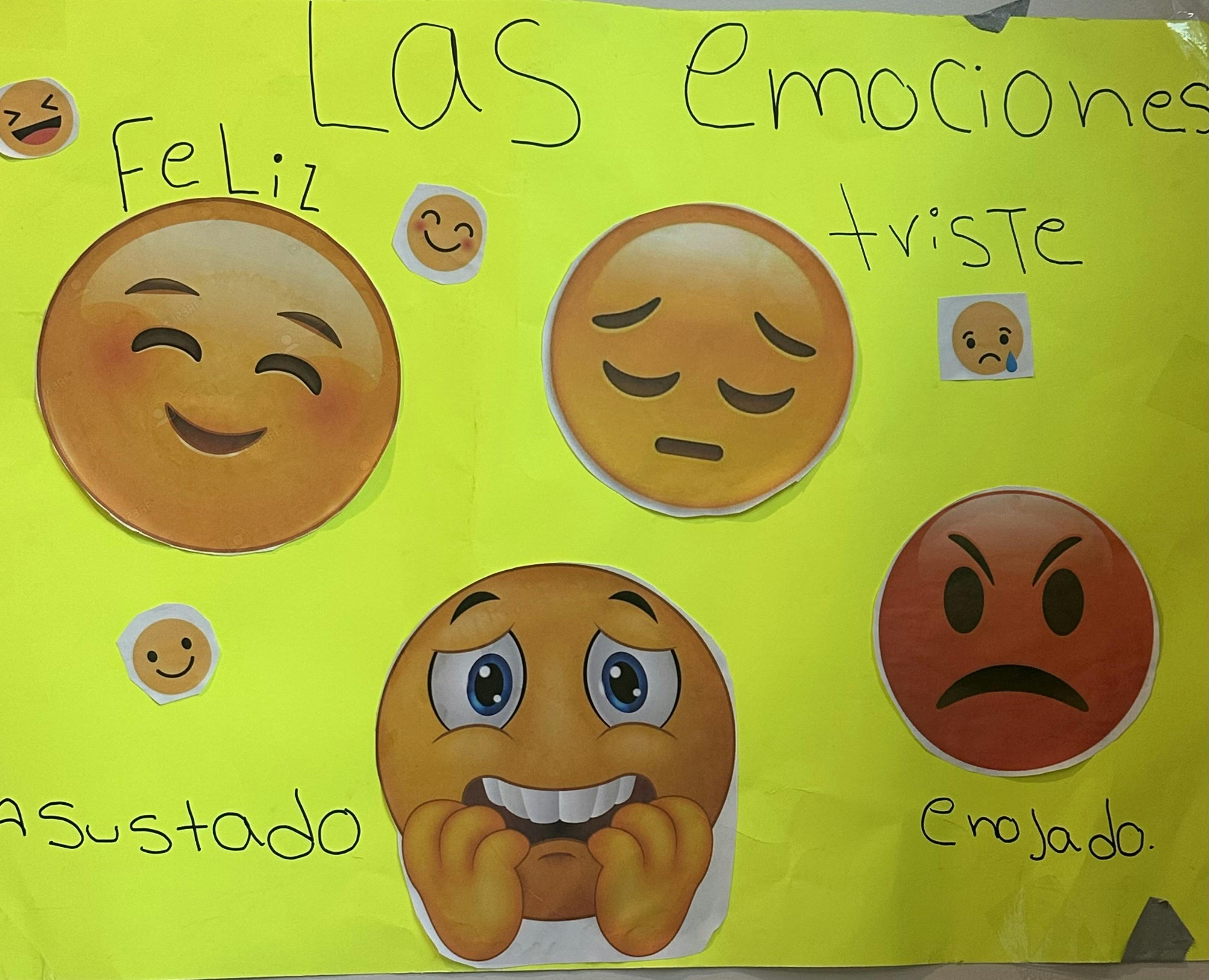 Yellow poster with emojis and Spanish words for emotions