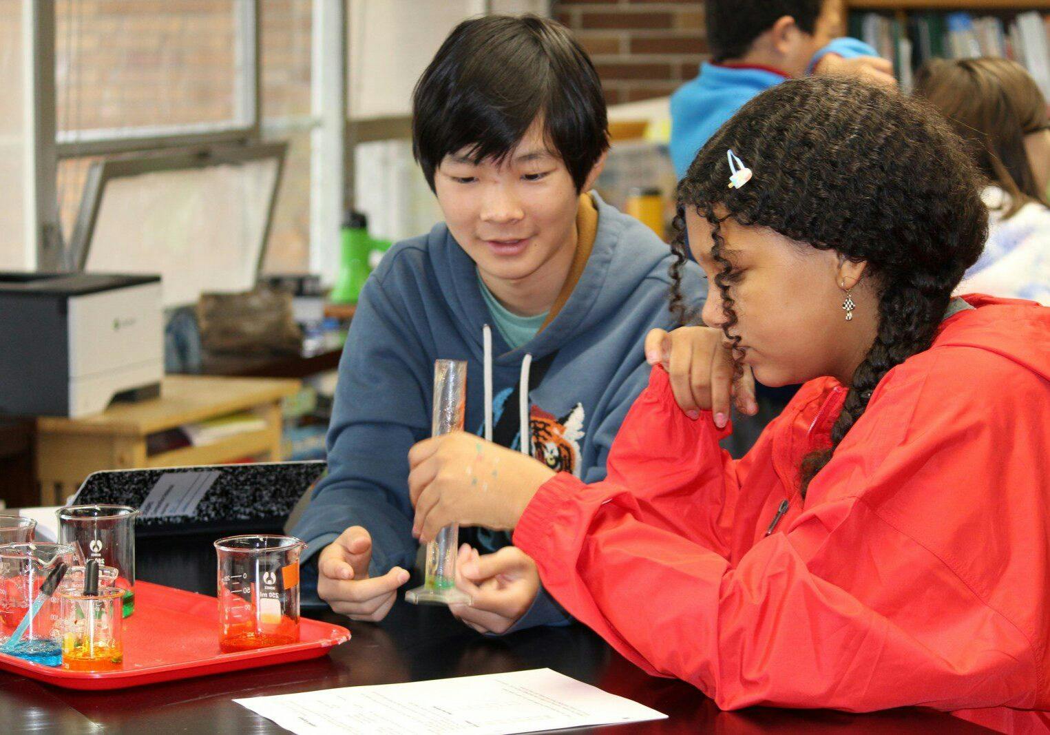 Two teens performing a science experiment with beakers and test tubes