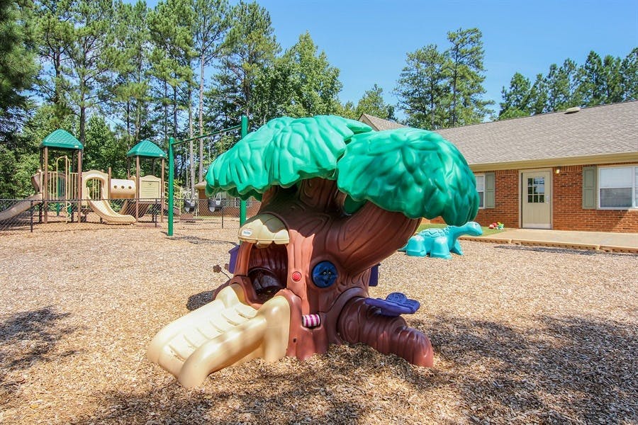 Playground with a tree-shaped play structure and other equipment
