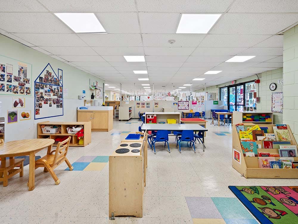 Empty classroom with small tables and chairs