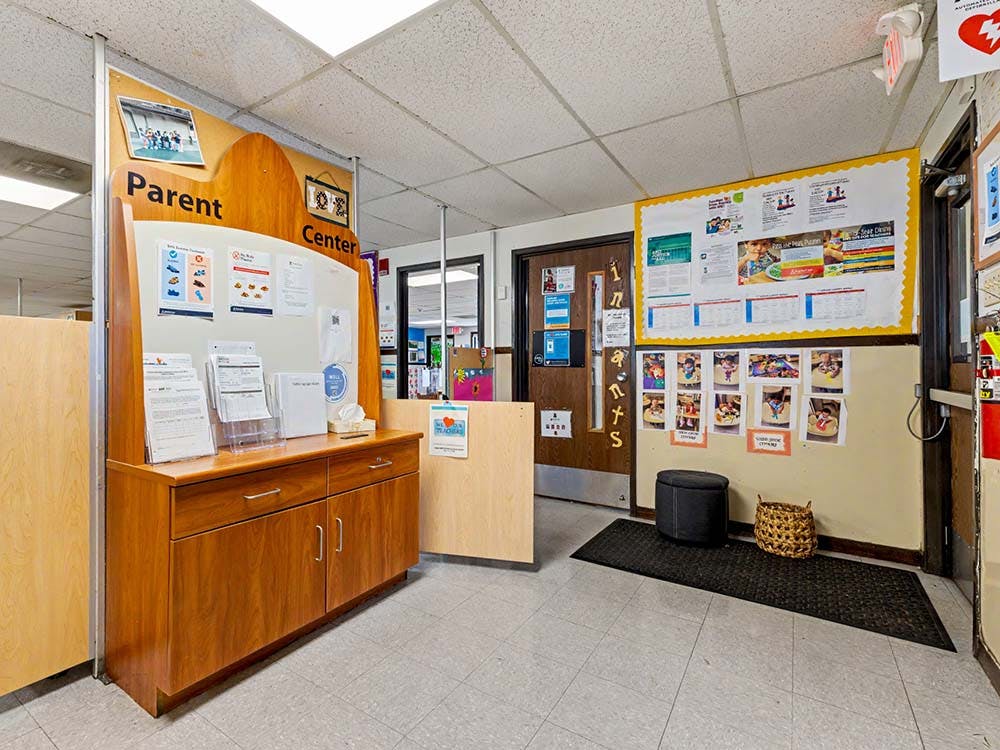 Parent Center counter with information brochures and cork board with flyers