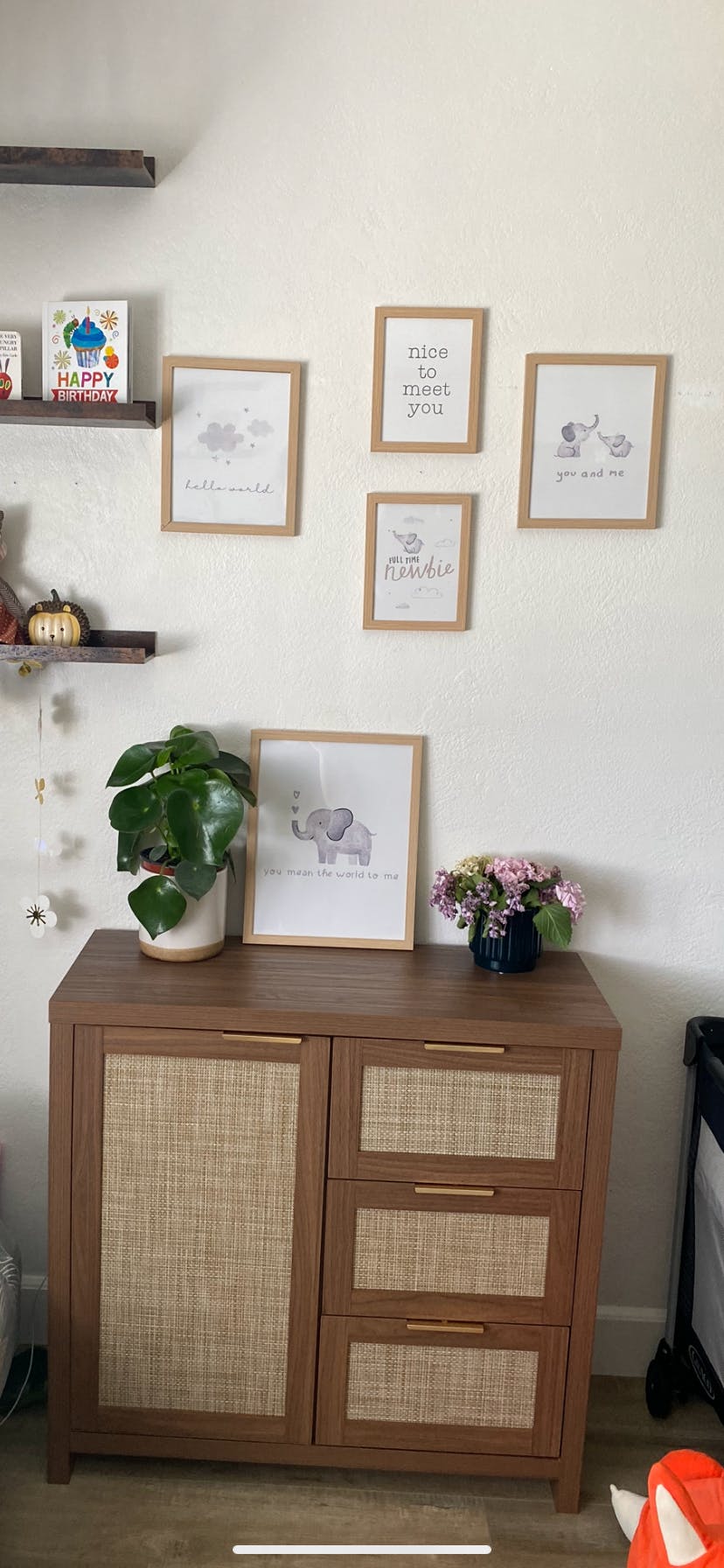 Wooden dresser with wicker paneling, plant, and framed art on a white wall