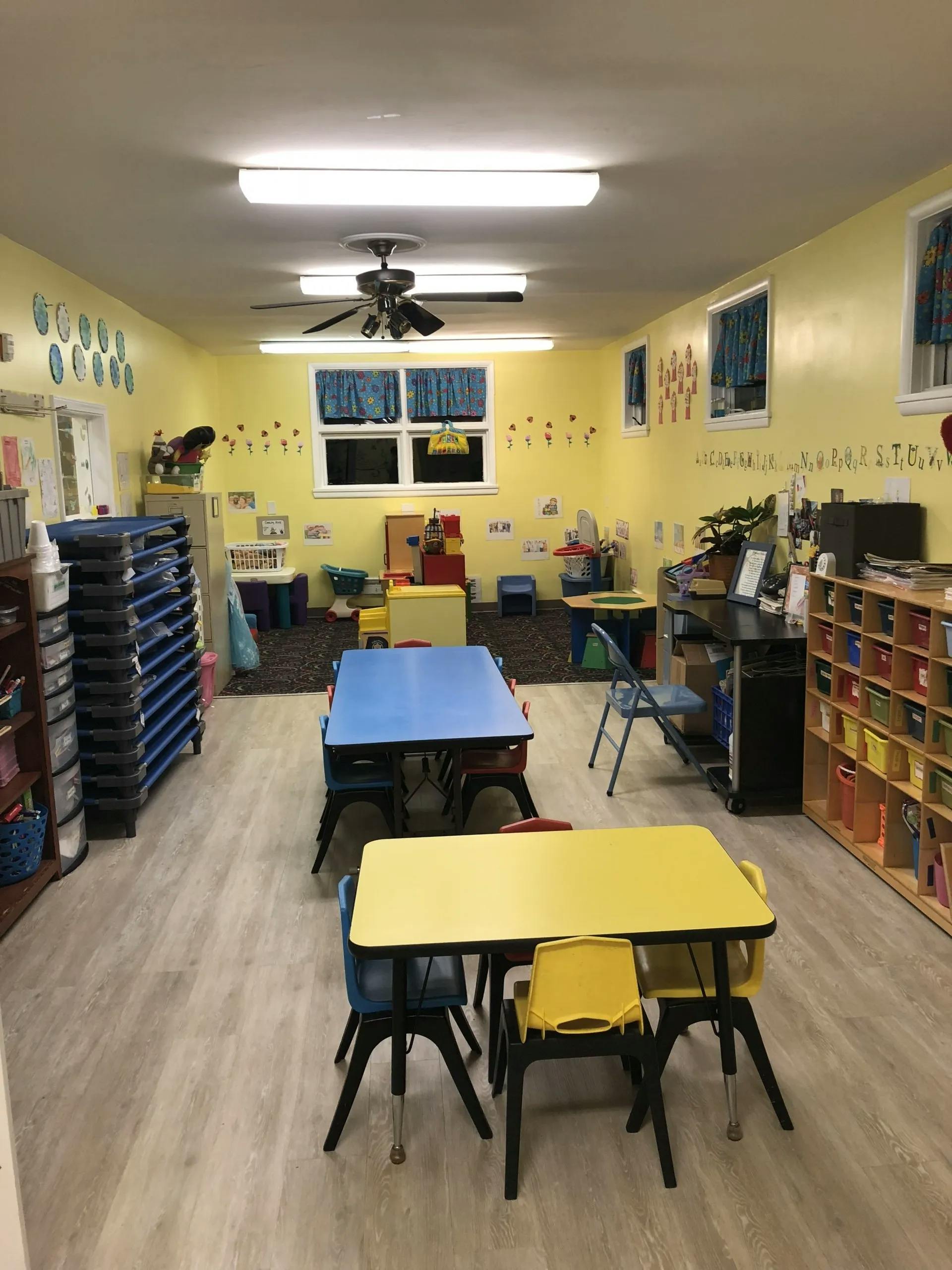 Classroom with small tables and chairs