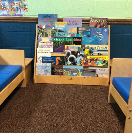 Bookcase filled with children's books, two small chairs with blue cushions