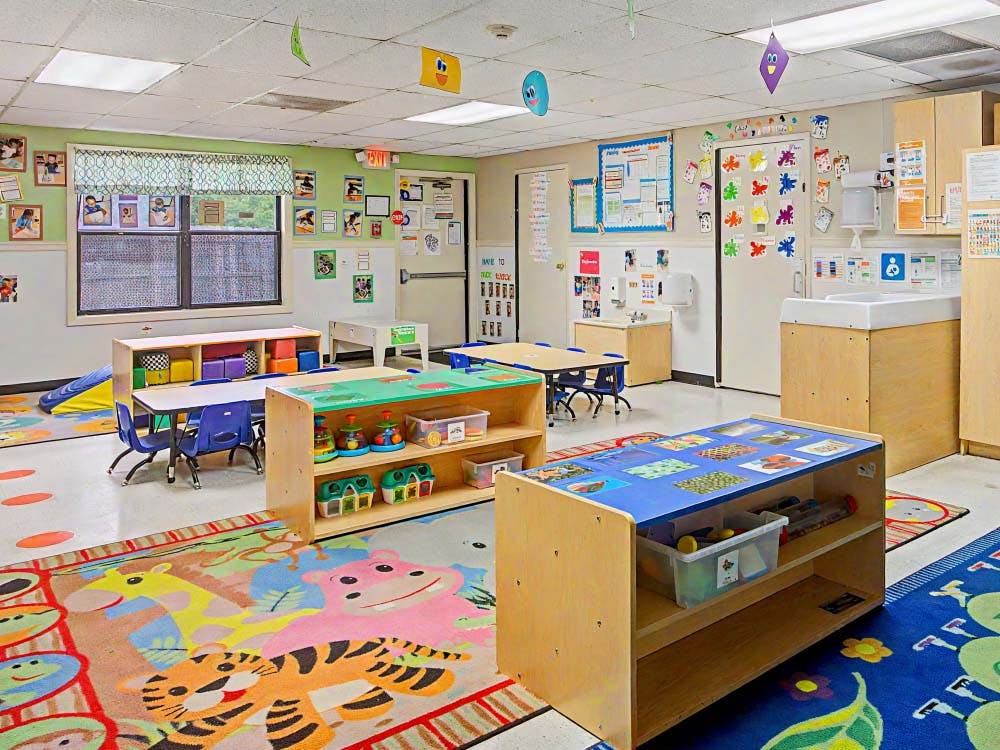 Colorful and organized classroom with various play areas and tables